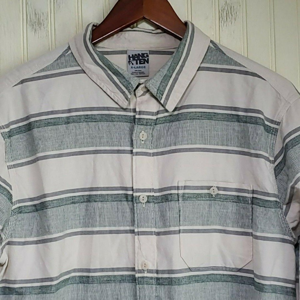 Hang Ten Shirt Mens XL White Green Stripe Long Sleeve Cotton Button-Up Casual